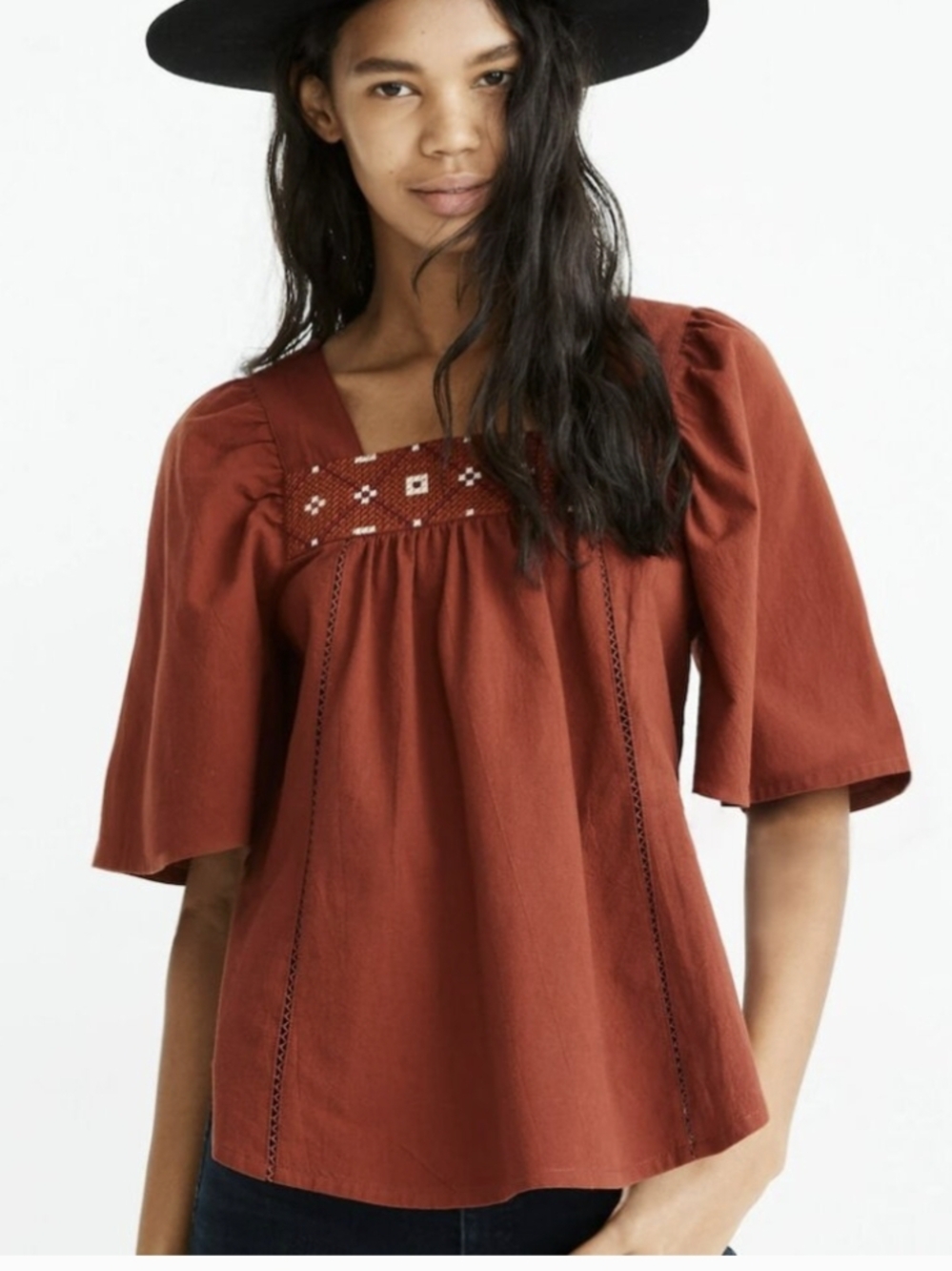 Madewell Cross-Stitch Top Medium Burnished Mahogany Flutter Sleeve Rust